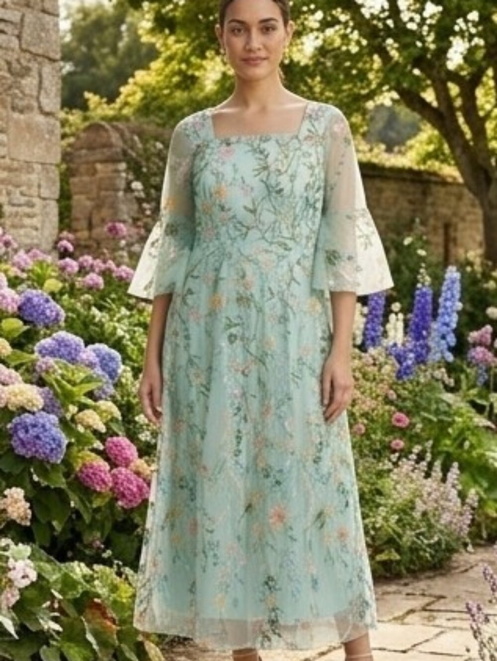 🌸 Whimsigoth Pastel Mint Floral Embroidered Mesh Maxi Dress Size M🧚🏼‍♀️